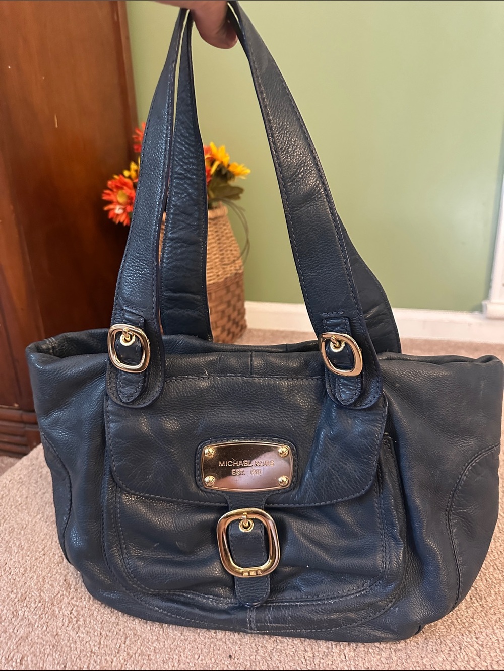 Michael Kors Navy Leather Shoulder Bag with Gold Hardware